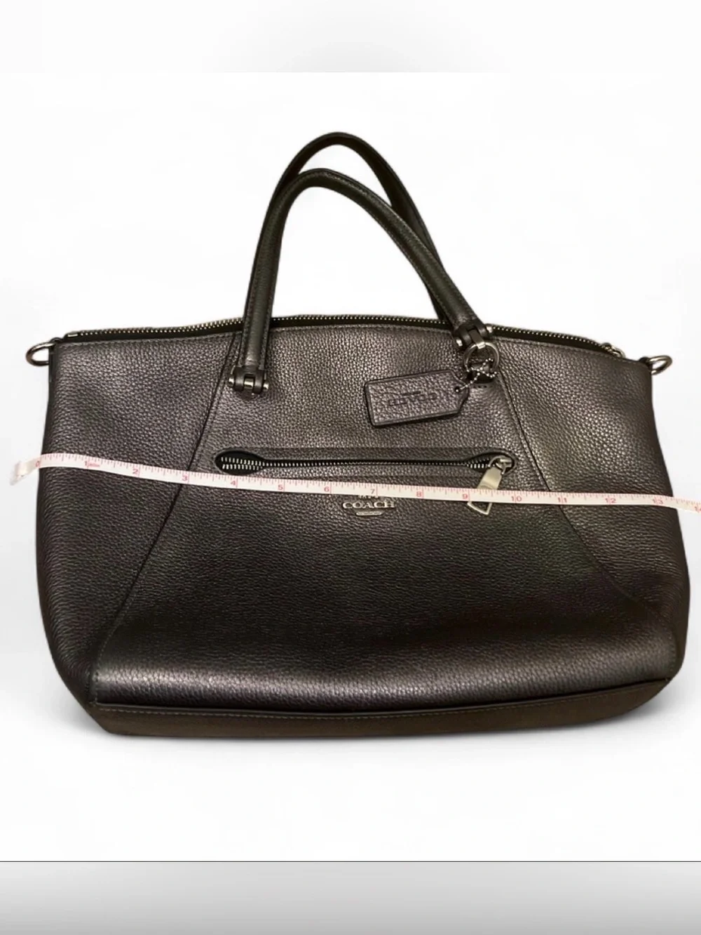 Coach Gray Pebbled Leather Shoulder Bag with Front Zip Pocket Women’s Designer